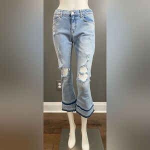 Zara Light Blue Cropped Flare Jeans with Distressed Details Size 6